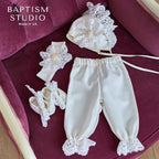 Ivory Linen Baby Girl Christening Set – 5‑Piece Outfit with Elegant Lace (Dress, Headband, Bonnet, Booties & Pants)