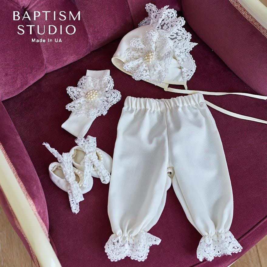 Ivory Linen Baby Girl Christening Set – 5‑Piece Outfit with Elegant Lace (Dress, Headband, Bonnet, Booties & Pants)