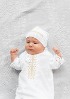 Baptism outfit boy, Linen Baby Outfit – 4-Piece Embroidered Set for Special Occasions (Shirt, Pants, Booties, Hat)