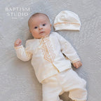 Boys' Baptism Outfit  – Ivory with Beige Embroidery (Shirt, Pants, Booties, Hat), Christening Gown BoyBoys Baptism Gown