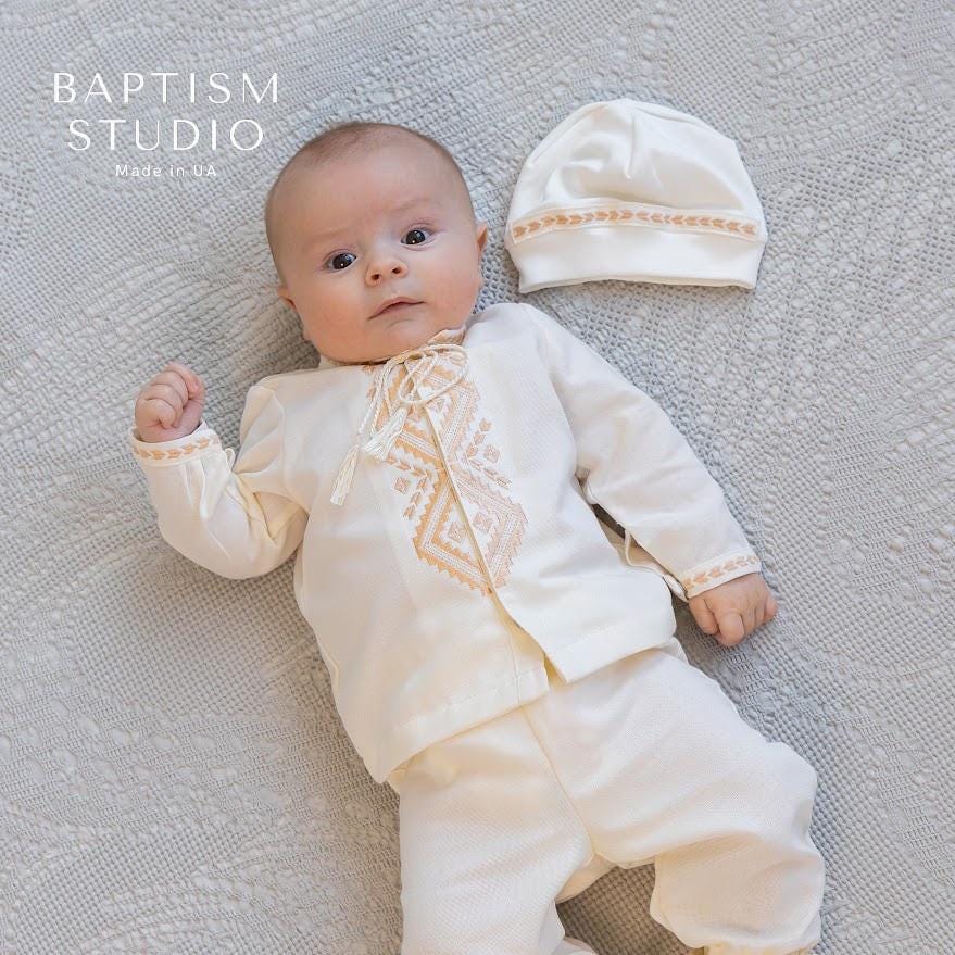 Boys' Baptism Outfit  – Ivory with Beige Embroidery (Shirt, Pants, Booties, Hat), Christening Gown BoyBoys Baptism Gown
