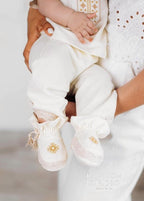 Handmade Ivory Linen Baptism Set – 6-Piece Baby Outfit with Blanket, Booties & Candles