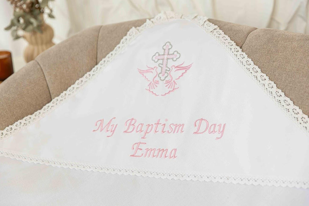 Personalized Linen Baptism Blanket – Lace Christening Shawl with Custom Embroidery