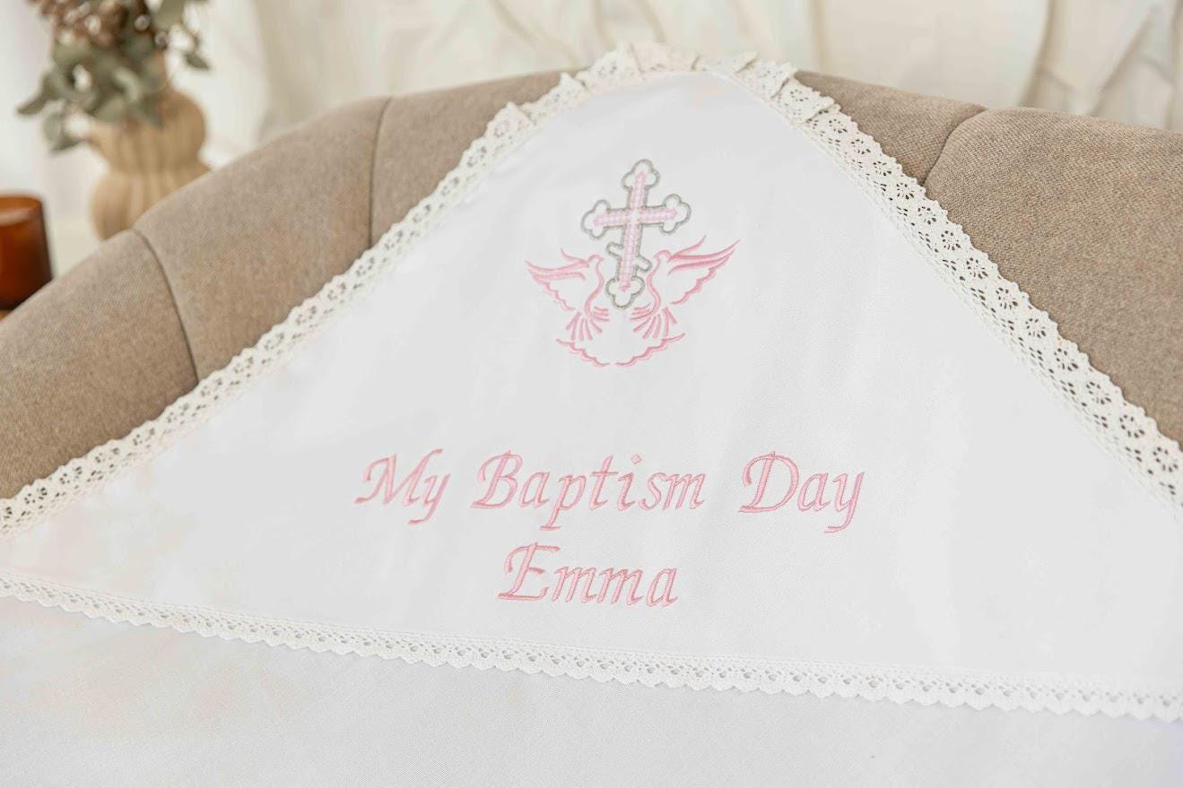 Personalized Linen Baptism Blanket – Lace Christening Shawl with Custom Embroidery