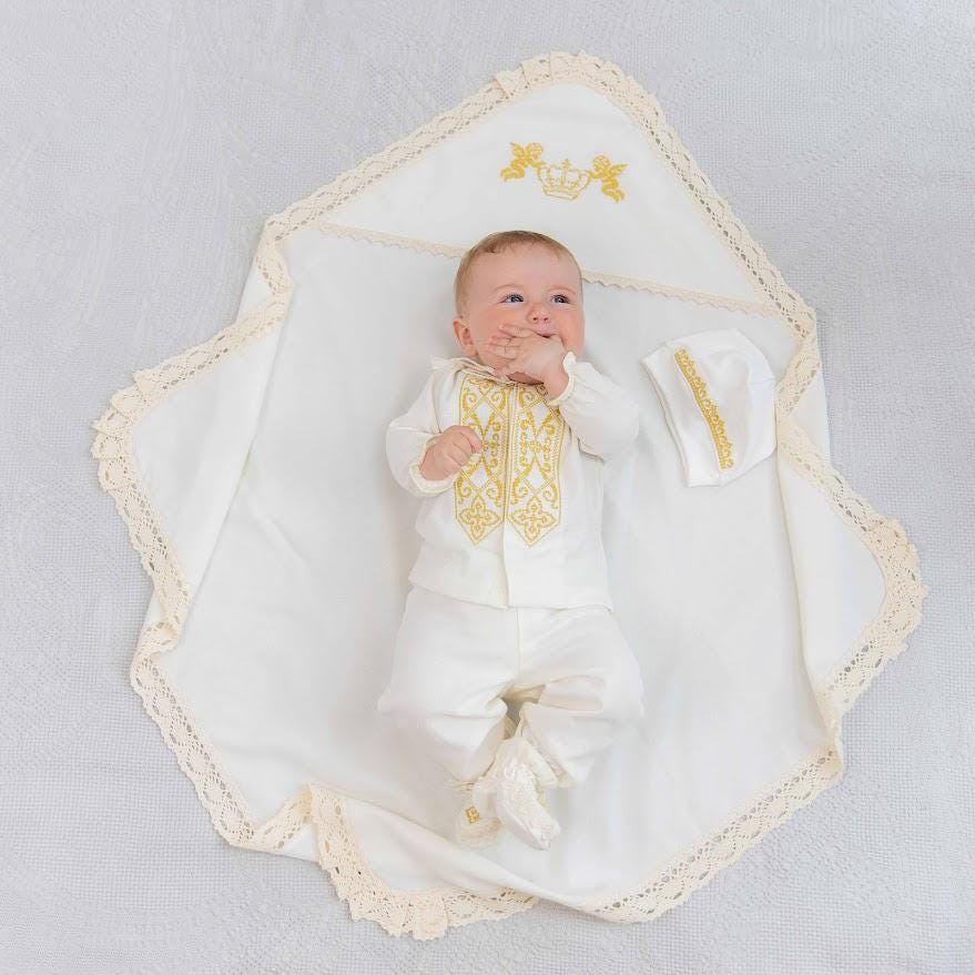 Ivory embroidered linen christening gown with bonnet