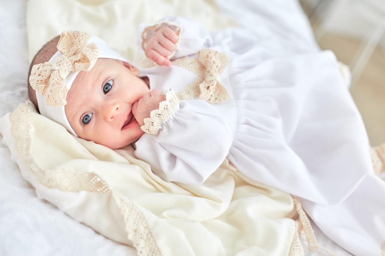 Ivory bonnet for baby girl with delicate lace