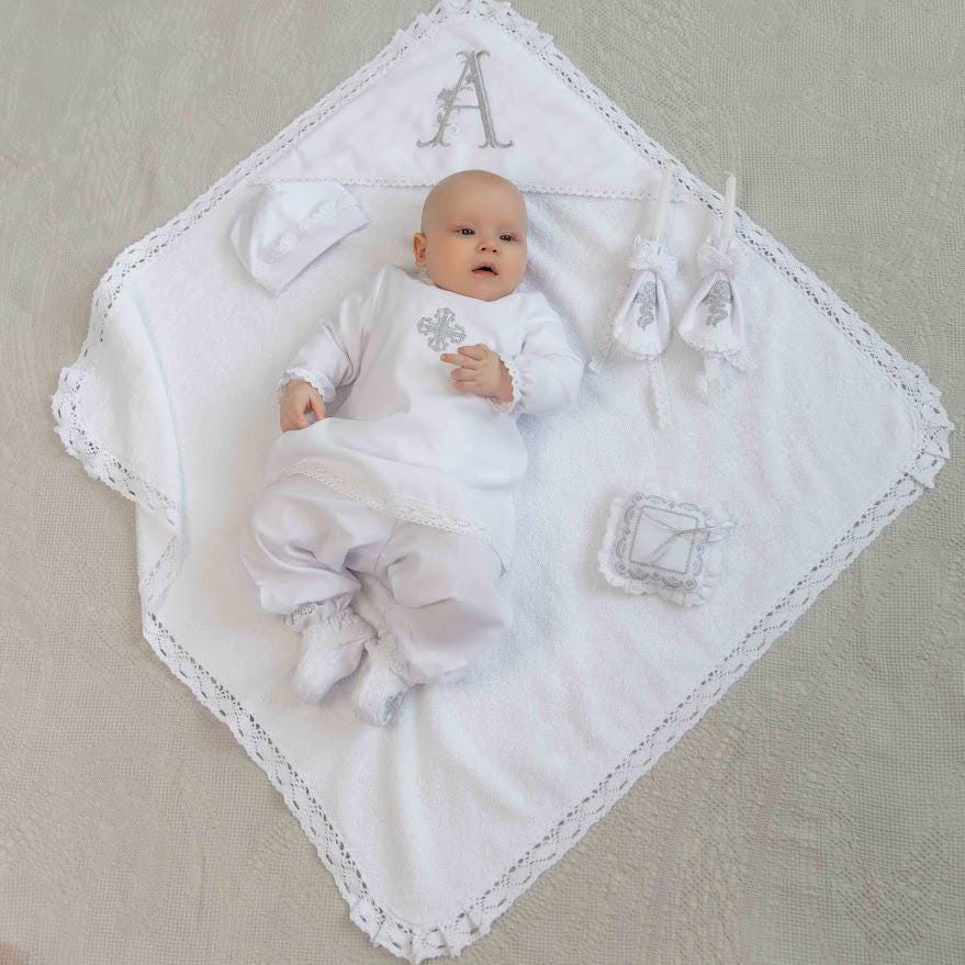 Baptism outfit for baby boy – embroidered shirt, trousers, hat and booties