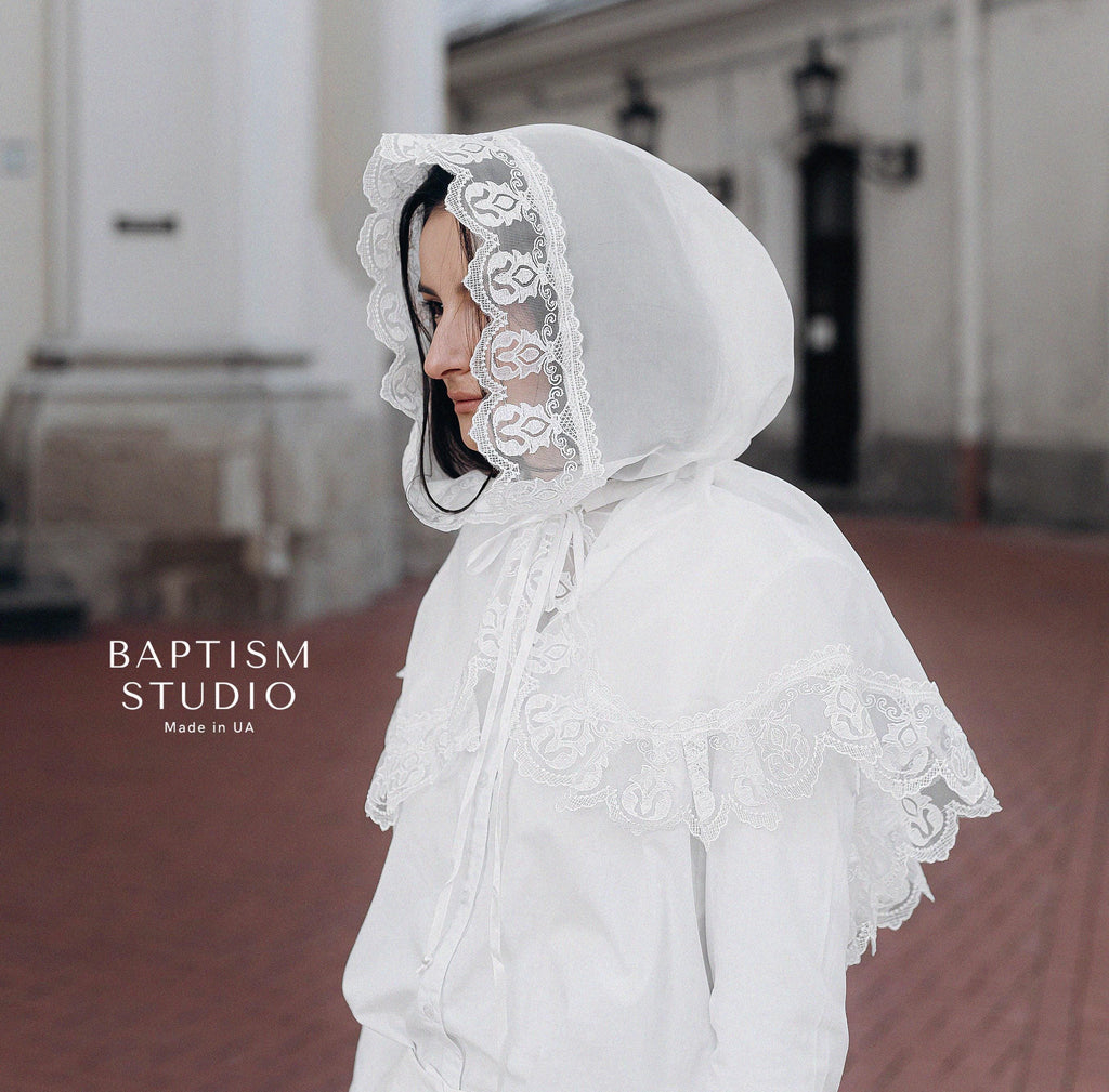 Christian baptism veil with delicate lace trim