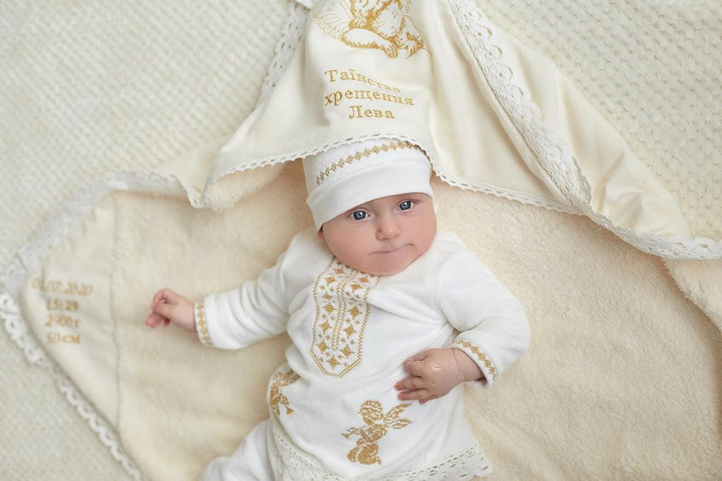 Luxury Christening Set – Personalized Linen & Fleece Blanket with Velour Outfit