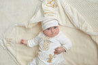 Luxury Christening Set – Personalized Linen & Fleece Blanket with Velour Outfit