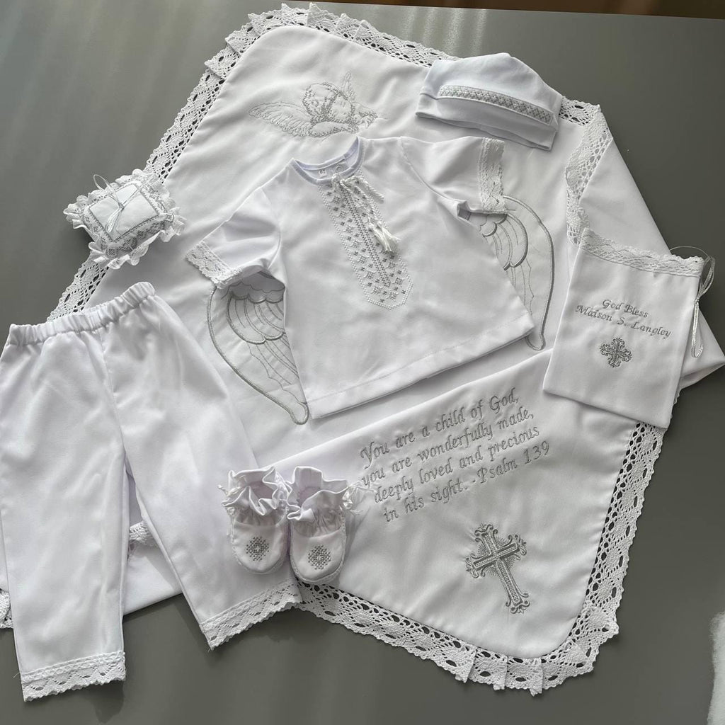 Personalized Linen Christening Set – Custom Embroidered Baptism Outfit & Blanket
