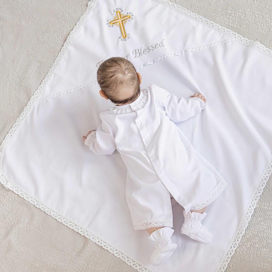 Personalized Christening Blanket with Embroidered Cross – Baptism Shawl with Lace Trim