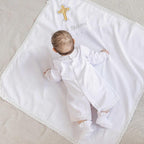 Personalized Christening Blanket with Embroidered Cross – Baptism Shawl with Lace Trim
