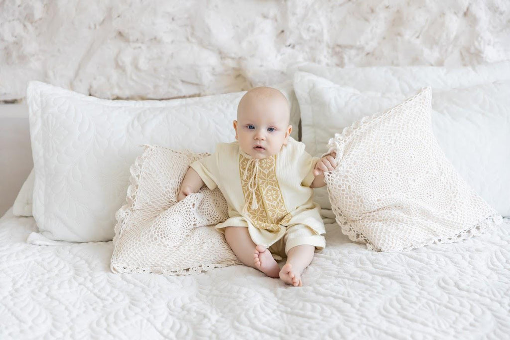 Ivory Muslin Summer Baptism Outfit for Baby Boy