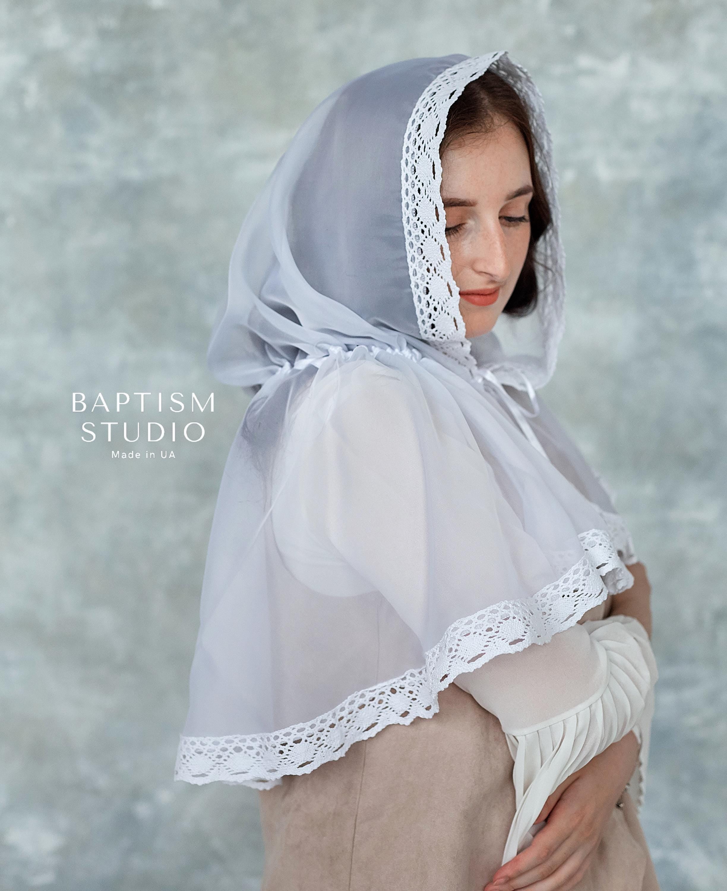 White Baptism Palantine with Lace | Chiffon Head Covering | Ships from USA