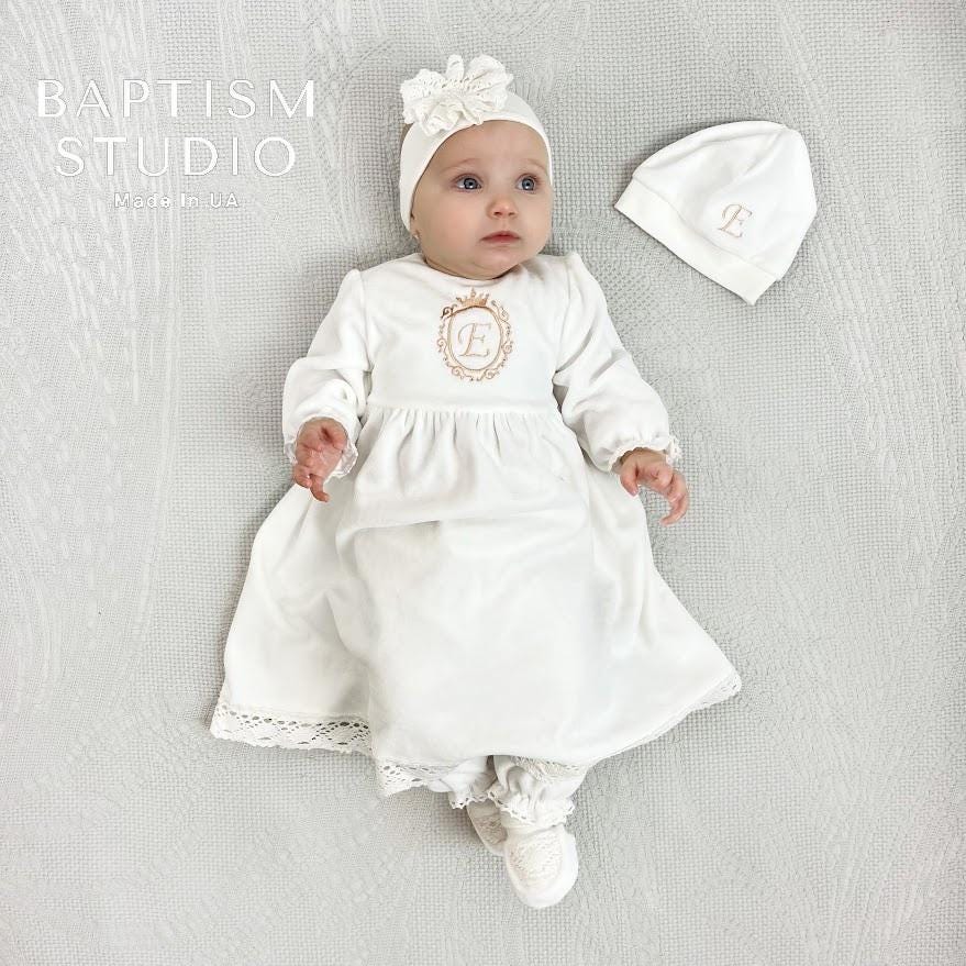 Personalized Baby Baptism Outfit Set – Ivory Velour Christening Set with Initial