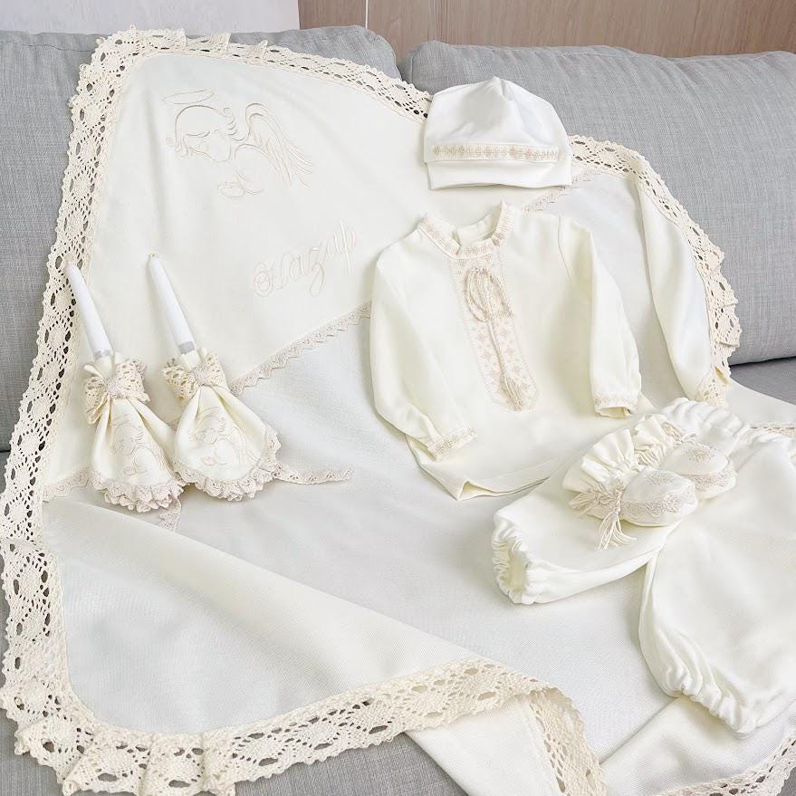 Linen Baptism Set for Baby – Christening Outfit with Blanket, Booties, Hat & Candles | Personalized Christening Gift