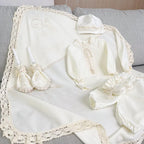 Linen Baptism Set for Baby – Christening Outfit with Blanket, Booties, Hat & Candles | Personalized Christening Gift