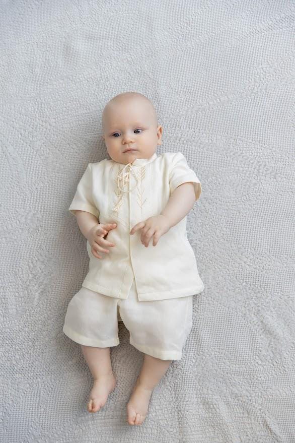Ivory Linen Baby Baptism Outfit with Hooded Towel | Christening Set with Angel Embroidery