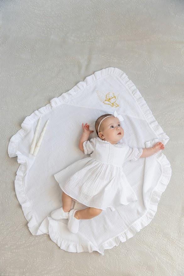 Muslin Baptism Set for Baby Girl – Dress, Blanket (80x80 cm), Booties, Headband & Candles – Personalized Christening Outfit