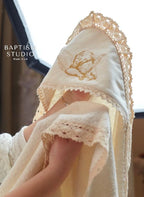 Personalized Hooded Baptism Towel – Embroidered Christening Gift with Lace Trim