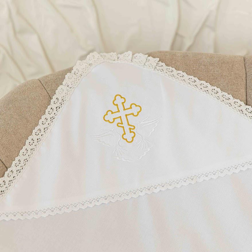 Hooded linen christening blanket for Orthodox baptism