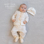 Boys' Baptism Outfit  – Ivory with Beige Embroidery (Shirt, Pants, Booties, Hat), Christening Gown BoyBoys Baptism Gown