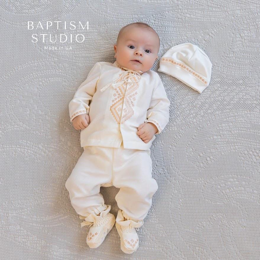 Boys' Baptism Outfit  – Ivory with Beige Embroidery (Shirt, Pants, Booties, Hat), Christening Gown BoyBoys Baptism Gown