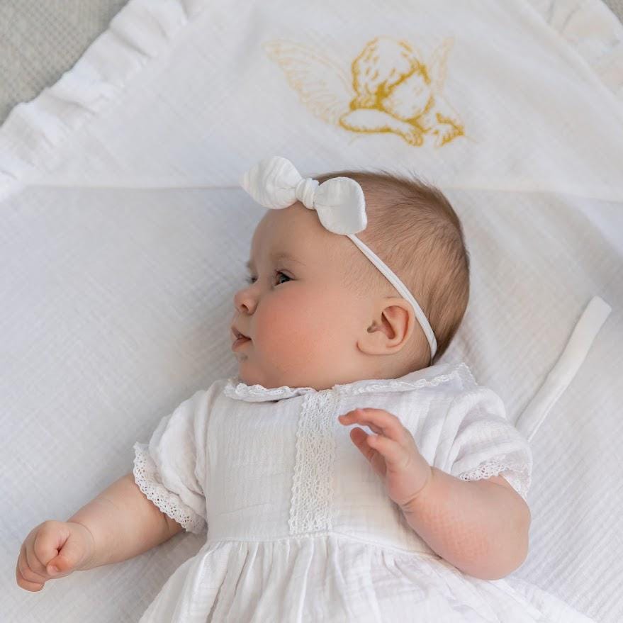 White Muslin Baby Baptism Dress with Bow Headband – Christening Outfit
