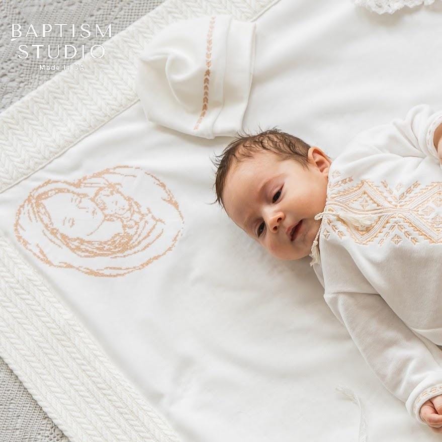 Baby Boy Christening Set – Ivory Velour Outfit with Embroidery & Linen Blanket