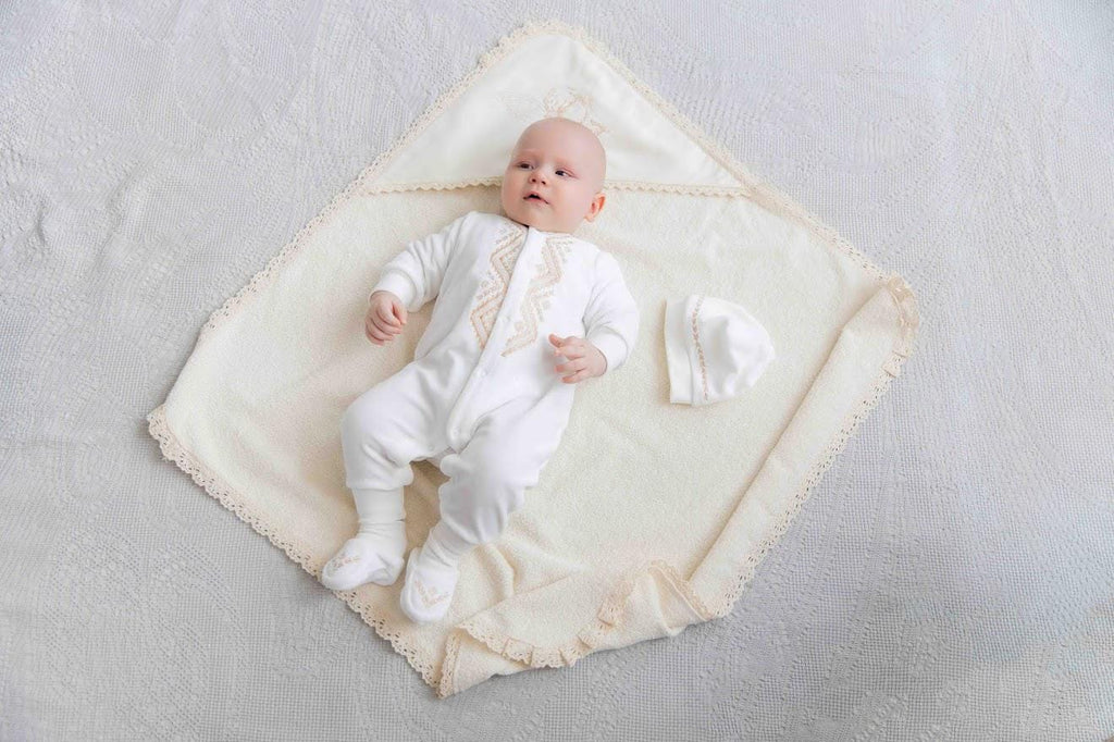 Luxury Baby Christening Set – Velour Romper & Hat + Hooded Baptism Towel