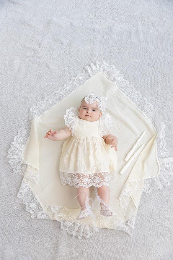 Ivory Muslin Summer Baptism Set for Baby Girl with Luxurious Lace