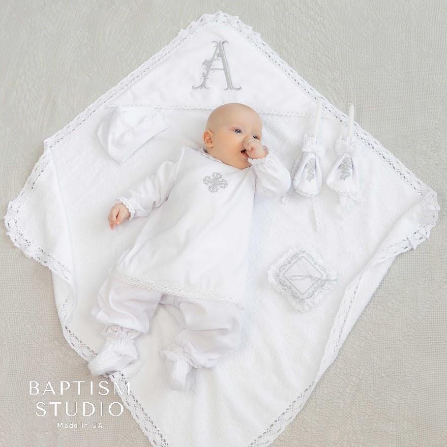 White Linen Baby Baptism Outfit with Bib | Christening Set