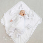 White Linen Baby Baptism Outfit with Bib | Christening Set
