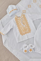 Handmade baptism outfit for baby – traditional linen shirt, trousers, and christening blanket with lace