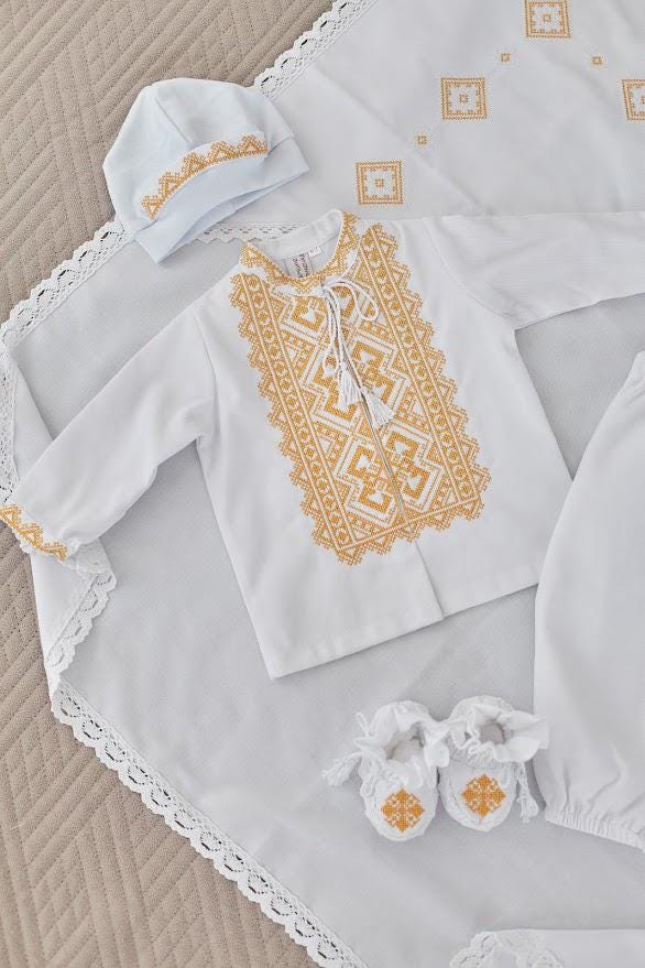 Handmade baptism outfit for baby – traditional linen shirt, trousers, and christening blanket with lace