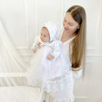Luxury Linen Baptism Set for Baby Girl – Dress, Bonnet, Pants, Booties, Headband & Personalized Blanket