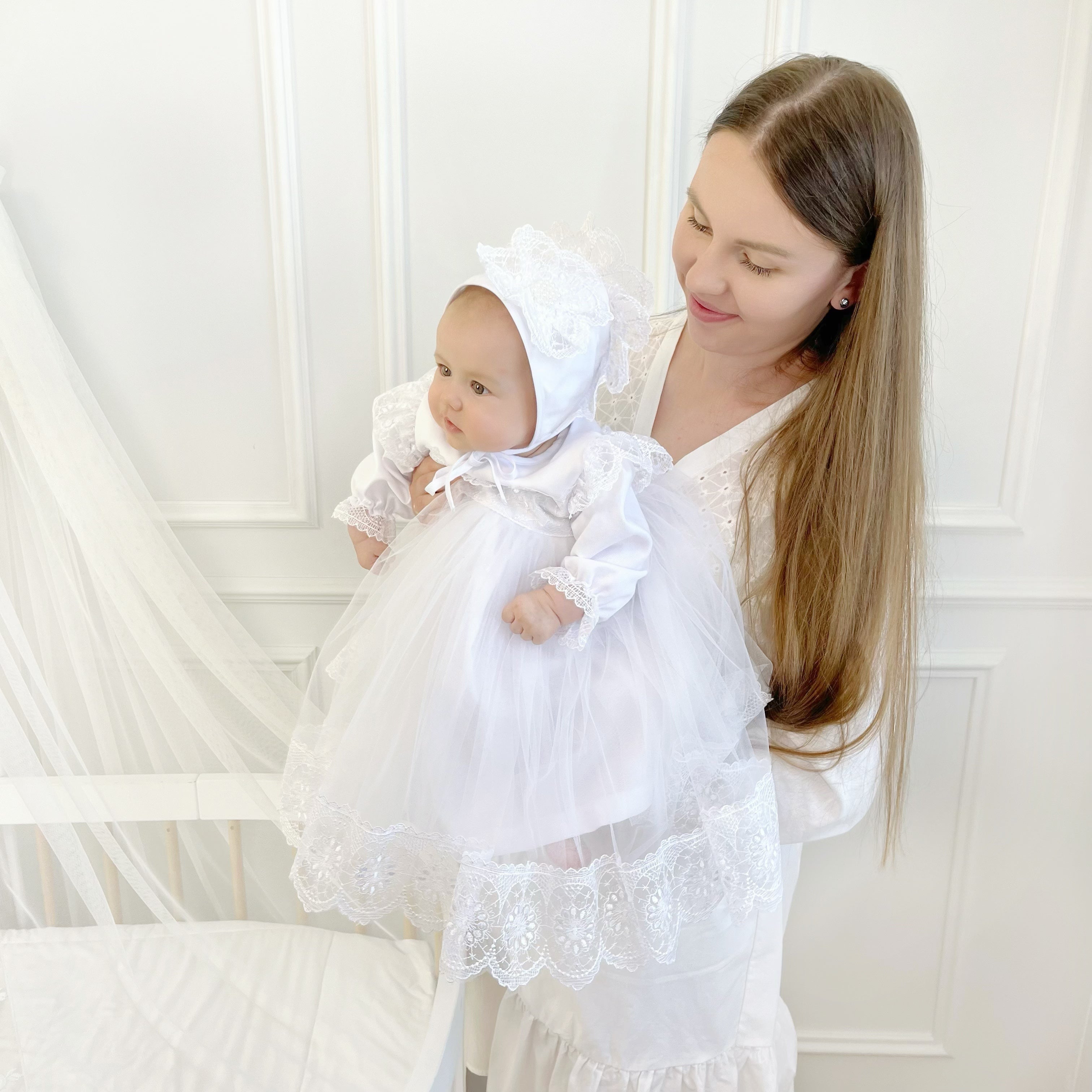 Luxury Linen Baptism Set for Baby Girl – Dress, Bonnet, Pants, Booties, Headband & Personalized Blanket