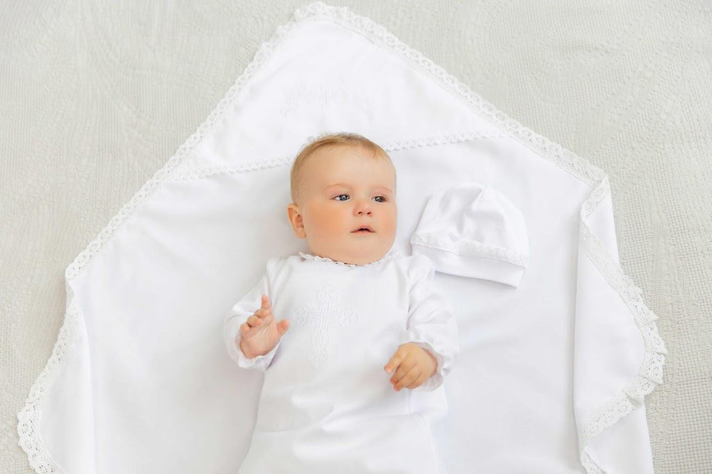 Baby Christening Set – Linen Baptism Outfit with Gown, Pants, Blanket, Bonnet & Booties | Natural White