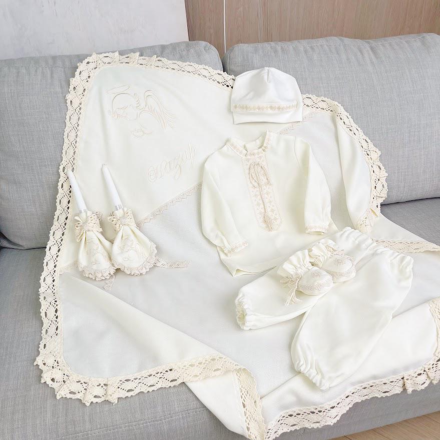 Linen Baptism Set for Baby – Christening Outfit with Blanket, Booties, Hat & Candles | Personalized Christening Gift