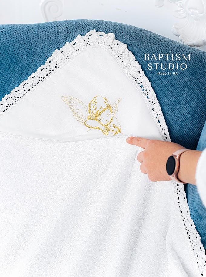 Personalized Hooded Baptism Towel – Embroidered Christening Gift with Lace Trim