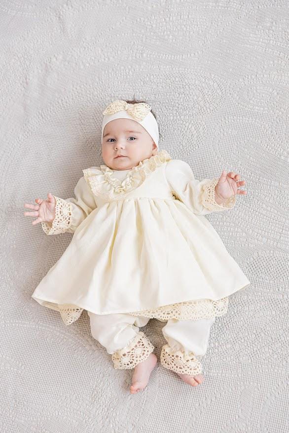 Baby dedication outfit made of natural linen with lace trim