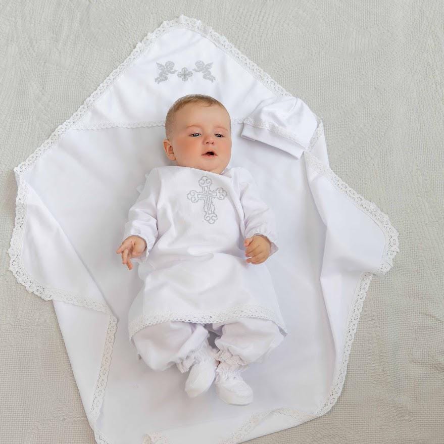 Baby Christening Set – Linen Baptism Outfit with Gown, Pants, Blanket, Bonnet & Booties | Natural White