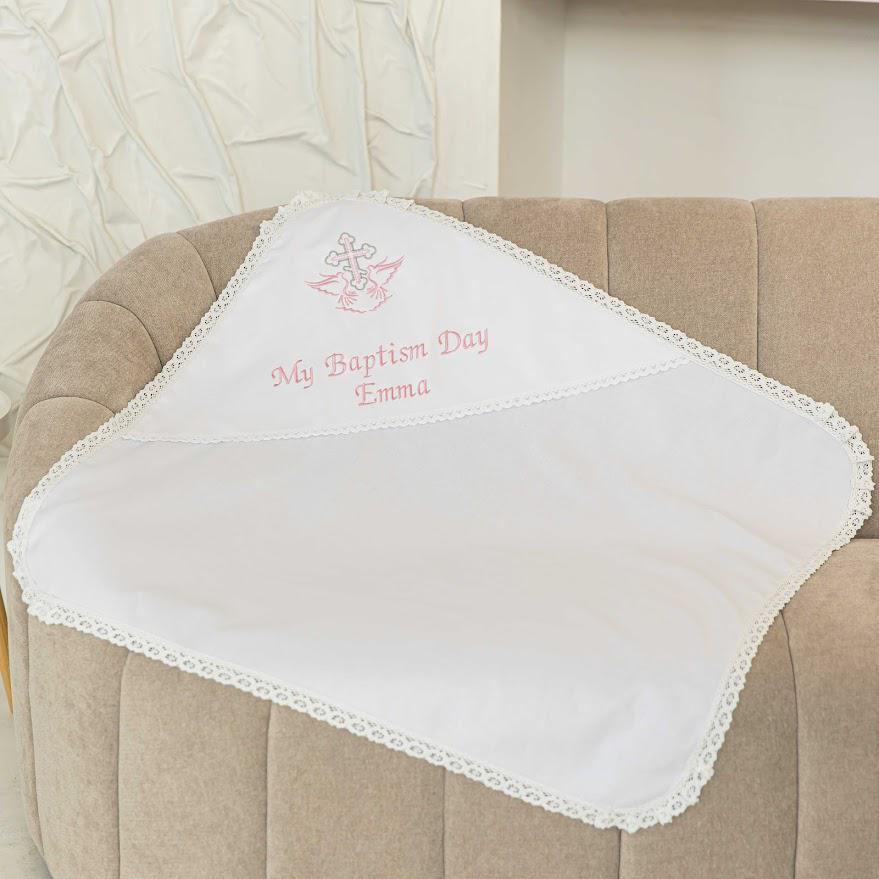 Personalized Linen Baptism Blanket – Lace Christening Shawl with Custom Embroidery