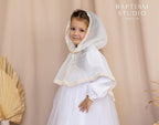 Delicate Girls’ Church Veil – Ivory Tulle Head Covering with Natural Linen Lace