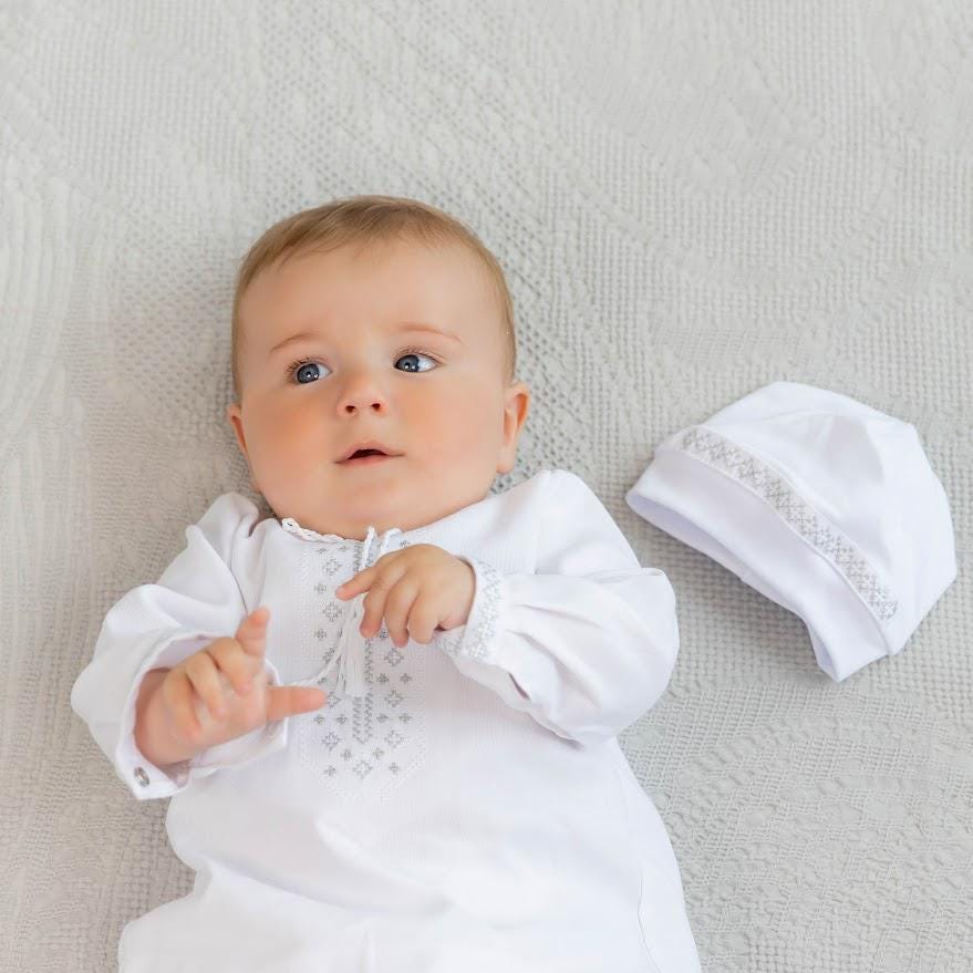 Baby boy christening outfit with linen hat and booties