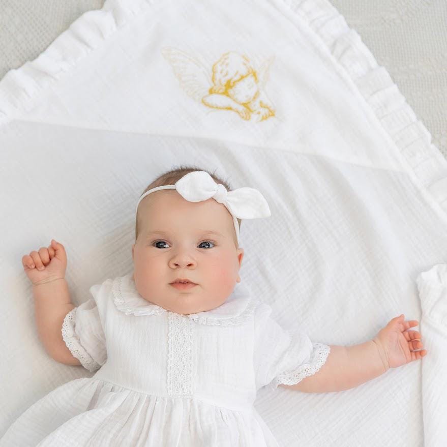 Baby Girl Baptism Set with Muslin Dress, Personalized Blanket and Candles – Christening Outfit