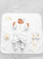 Baptism outfit boy, Linen Baby Outfit – 4-Piece Embroidered Set for Special Occasions (Shirt, Pants, Booties, Hat)