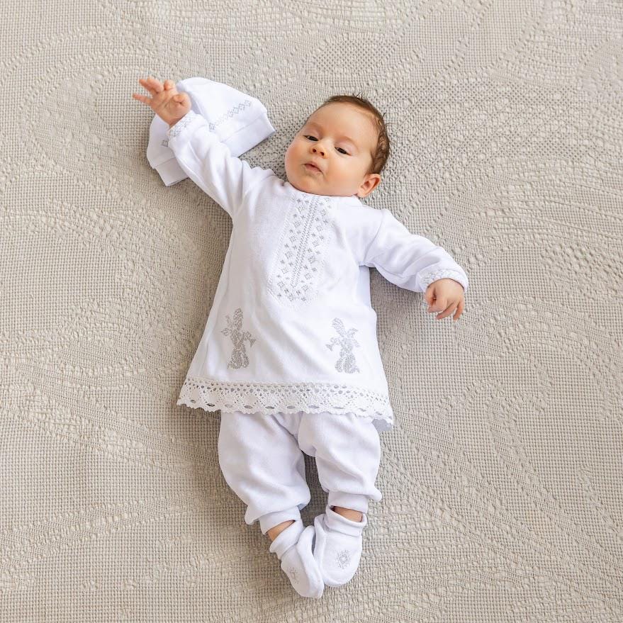 Deluxe Baby Baptism Set – Embroidered Christening Outfit & Linen Angel Blanket