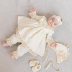Baby girl linen baptism outfit with natural lace and bonnet